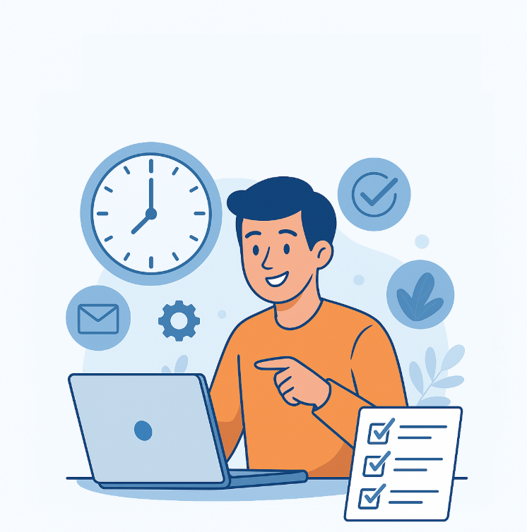 Illustration de conception plate d'une personne économisant du temps avec des outils de productivité, une horloge, une liste de contrôle, un écran d'ordinateur, un style moderne
